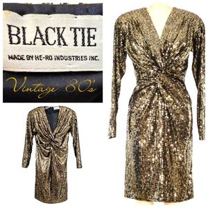 Vintage 80's Black Tie Tiger Black/Gold Sequin Longsleeve Knot Bust  Coc…